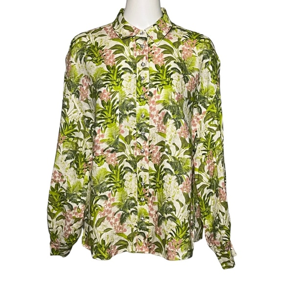 Cami NYC Belkis Shirt Crystal Embellished Buttons Linen Floral Tropical Top sz L - Picture 3 of 13